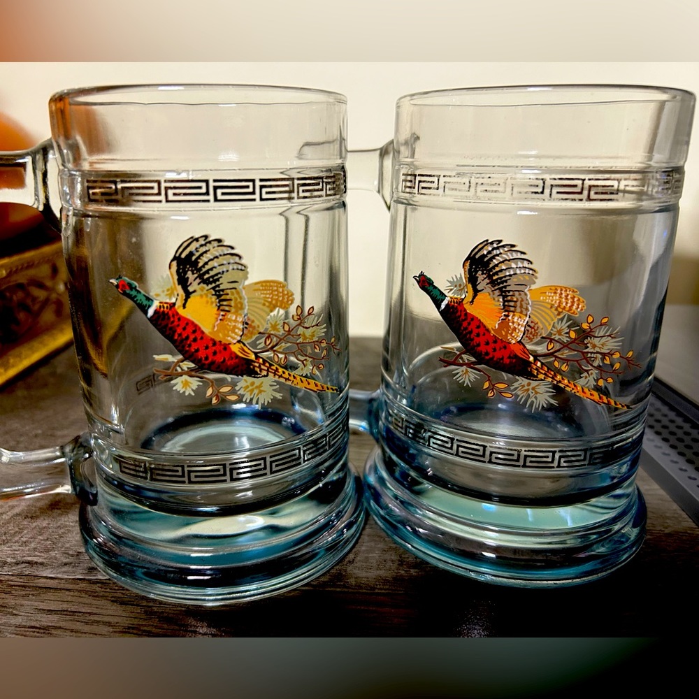 Set of two Vintage Princess House Steins-Pheasant Mugs with Gold Greek Key Trim.